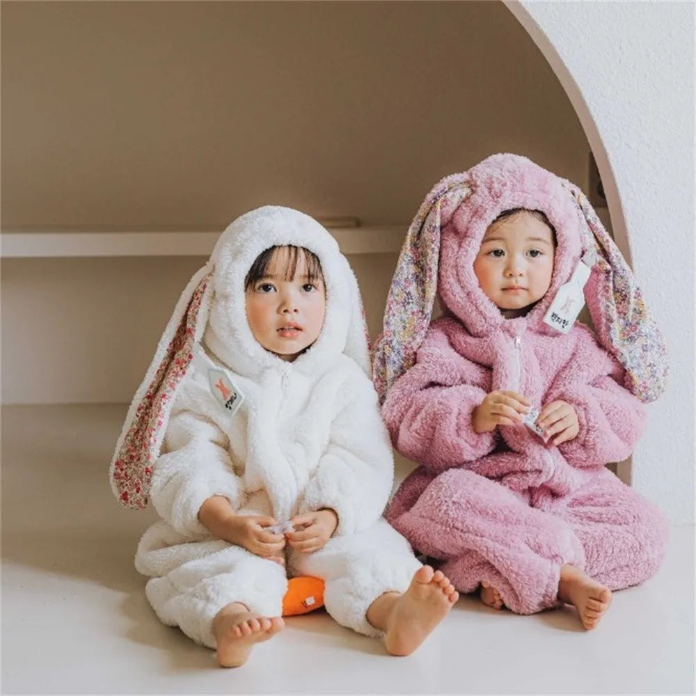 Spring Baby Girls Boys Rabbit Romper Newborn One-piece Jumpsuit Hooded Pajamas Boys Plush Homewear Outfits Baby Costume