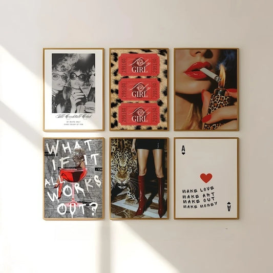 6pcs/set Fashion Leopard Print Magazine Cover Canvas Printing Red Fashion Girl Print Wall Art Poster for Living Room Home Decor
