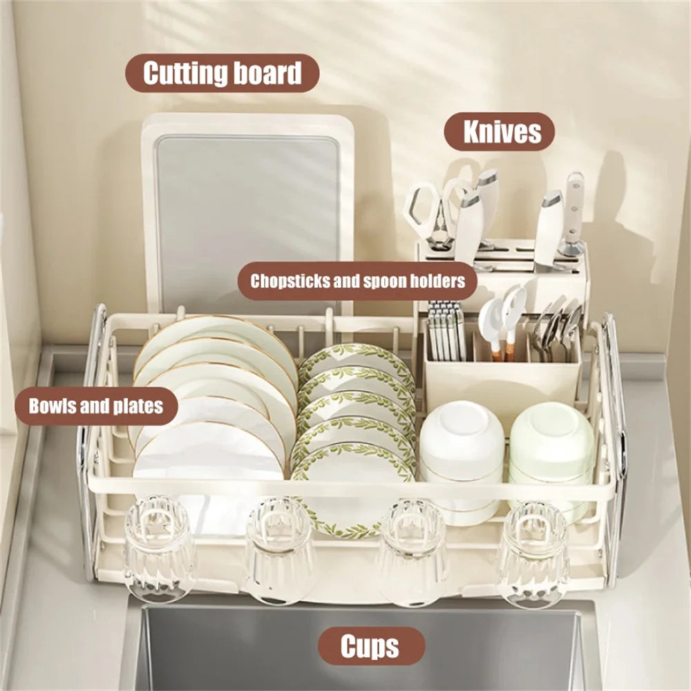 Kitchen Dish Draining Rack Steel Cutlery Rack with Drain Tray Cup Cutlery Holder Plate Rack Kitchen Countertop Storage Rack