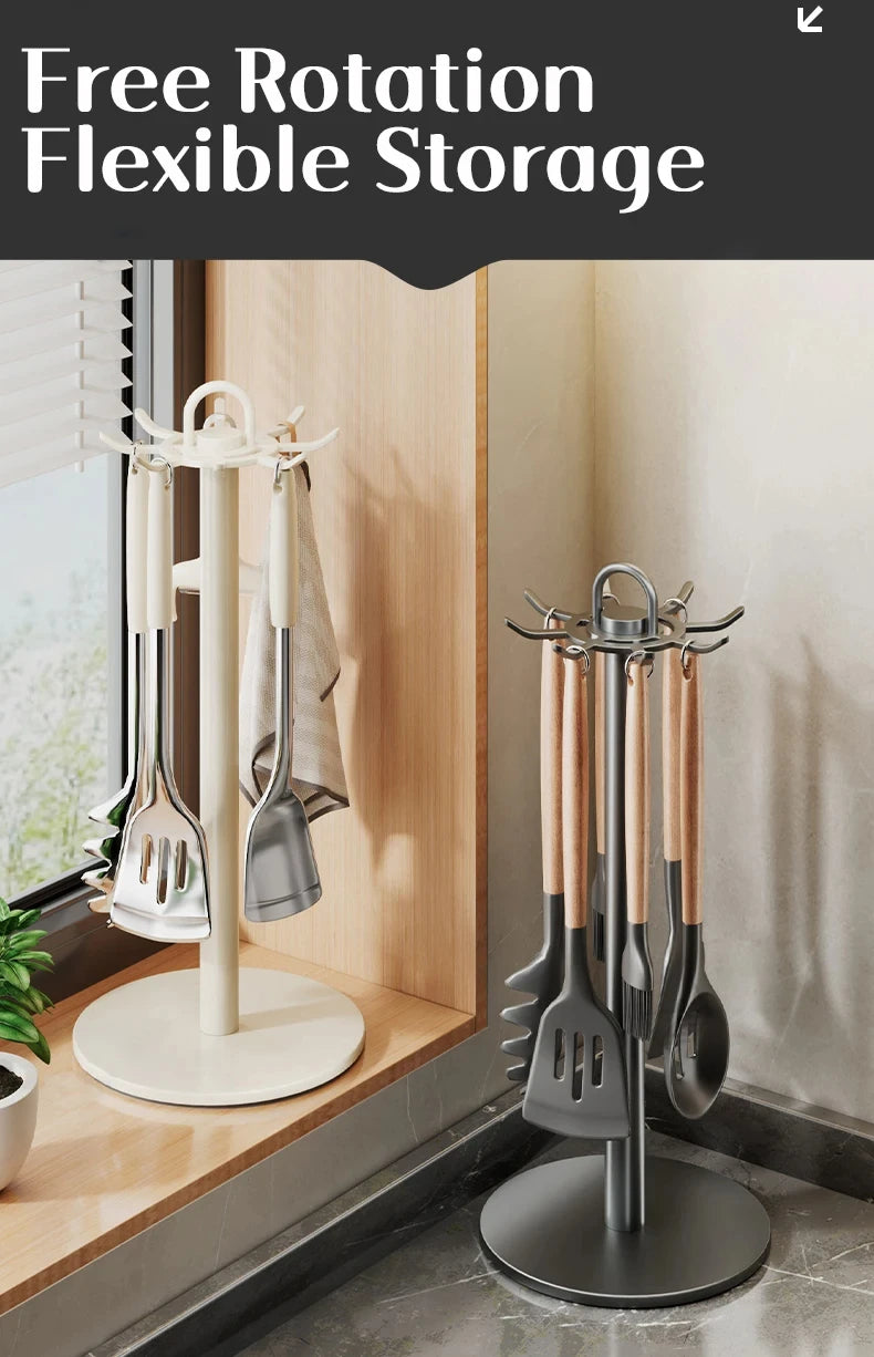 360° Rotating Kitchen Spatula and Utensil Rack - 8-Hook Movable Cooking Tool Storage Organiser for Countertop Space Saving