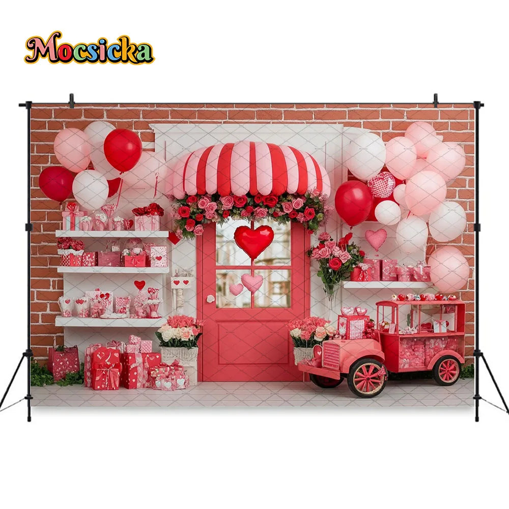 Mocsicka Valentine's Day Shop Backdrop Photography Pink Storefront Heart Balloon Red Rose Background Kids Birthday Photo Studio