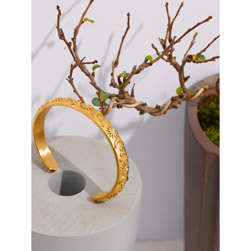 Yhpup Golden Stainless Steel Moon Star Sun Bangle Bracelet  Stylish Metal Open Wrist браслеты на руку женкие Party Gift