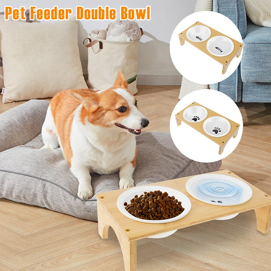 Double Ceramic Pet Bowl with Bamboo Stand – Elevated Food & Water Bowls for Dogs & Cats