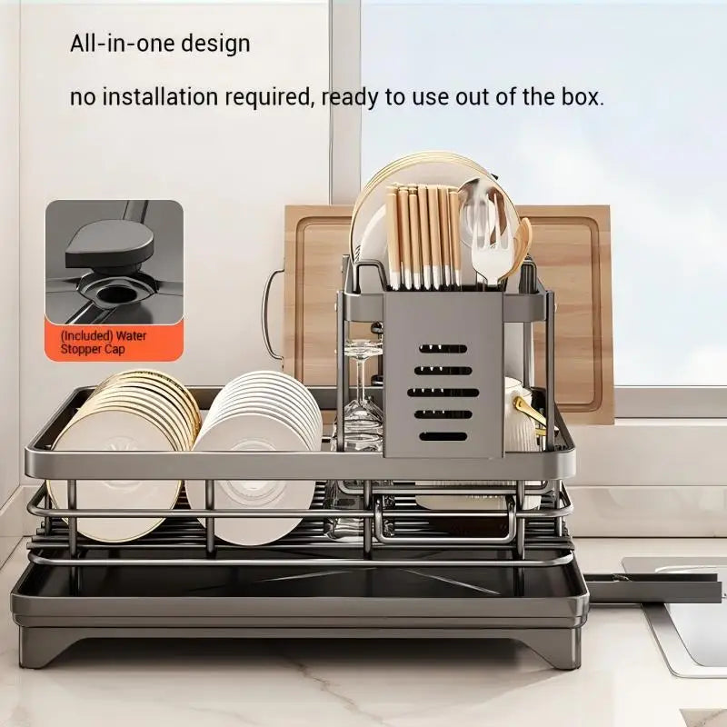 Dish Drying Rack Adjustable Kitchen Plates Organiser with Drainboard Over Sink Plate Drainer Storage Organizer