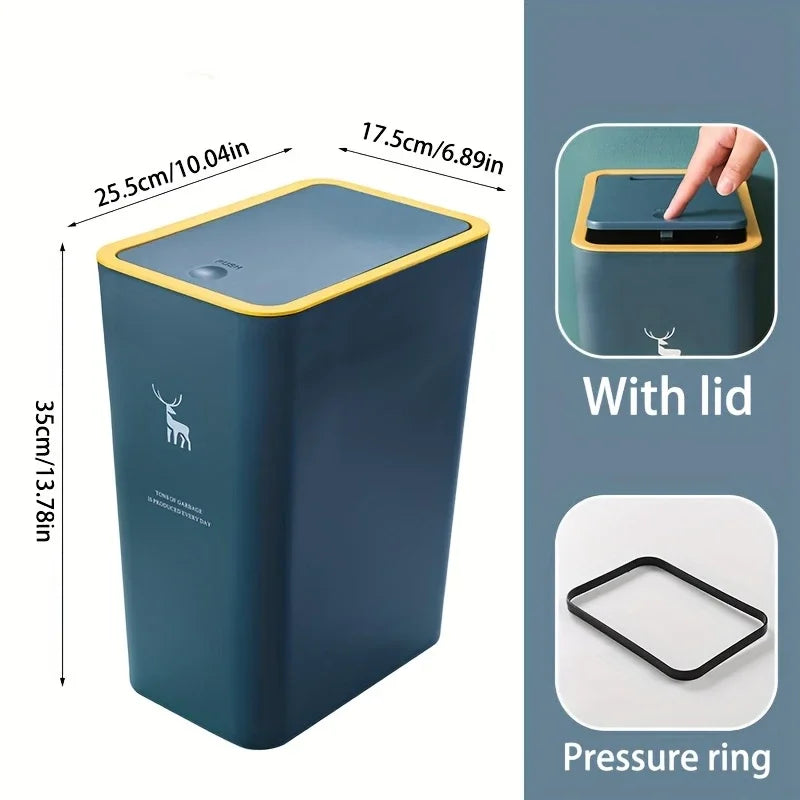 1pc Bathroom Trash Can 15L Garbage Can with Press Top Lid for Kitchen, Bedroom, Living Room Plastic Wastebasket with Pop-up Lid
