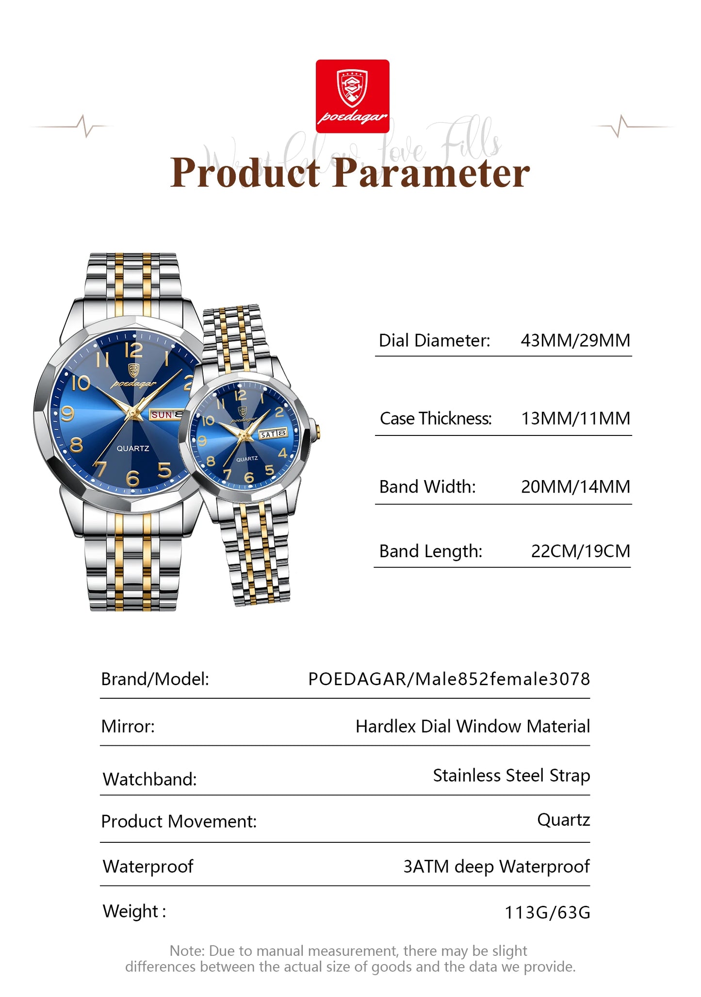 POEDAGAR Top Fashion Watches For Couple Waterproof Date Week Couple's Watches Quartz Stainless Steel Couple Watch Lovers Set+Box