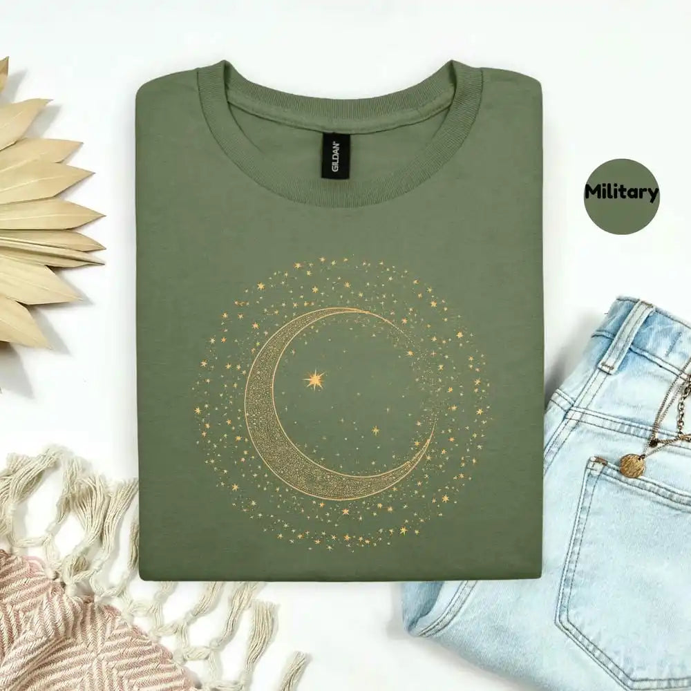 Gold Crescent Moon Celestial T-Shirt for Women -  Mystic Spiritual Tee