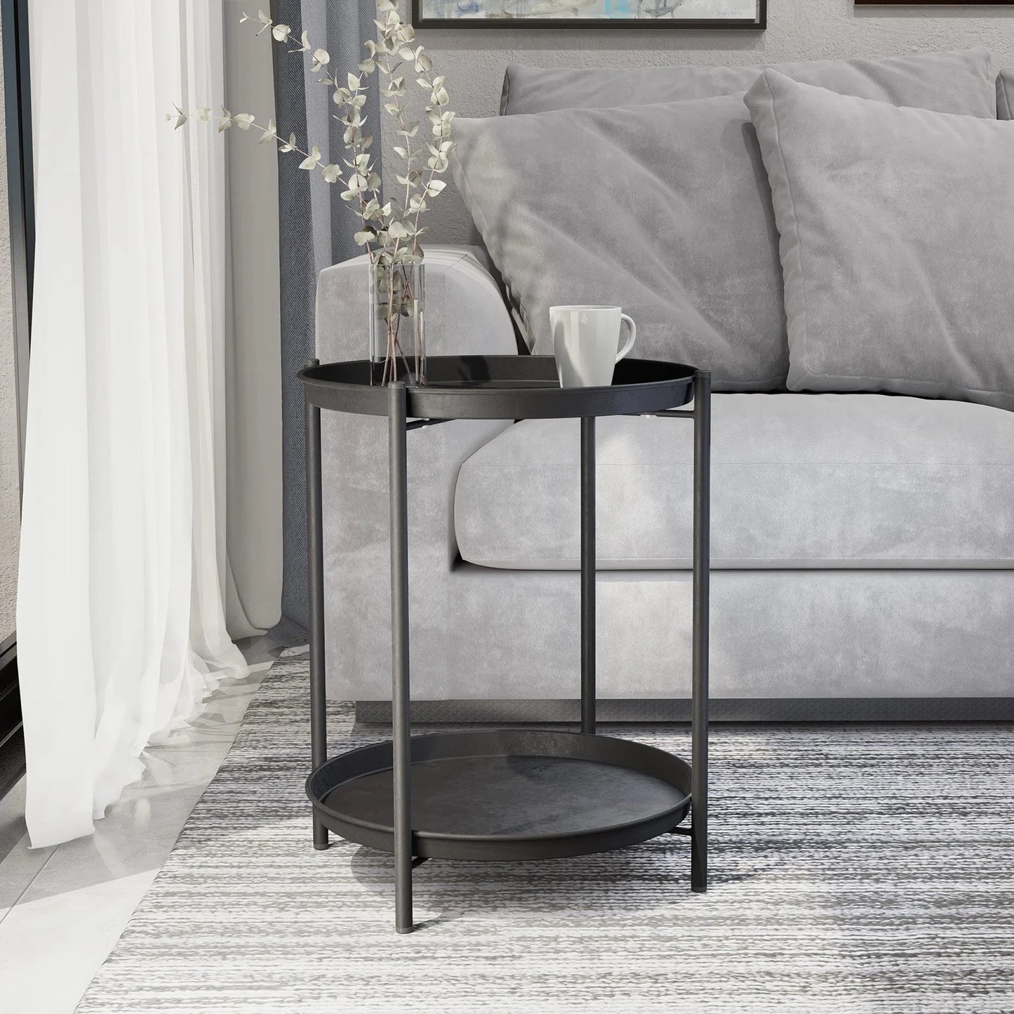 2-Tier Round Metal End Table, Modern Accent Table with Removable Tray Perfect For Home Garden Decor, Deck Party And Festival