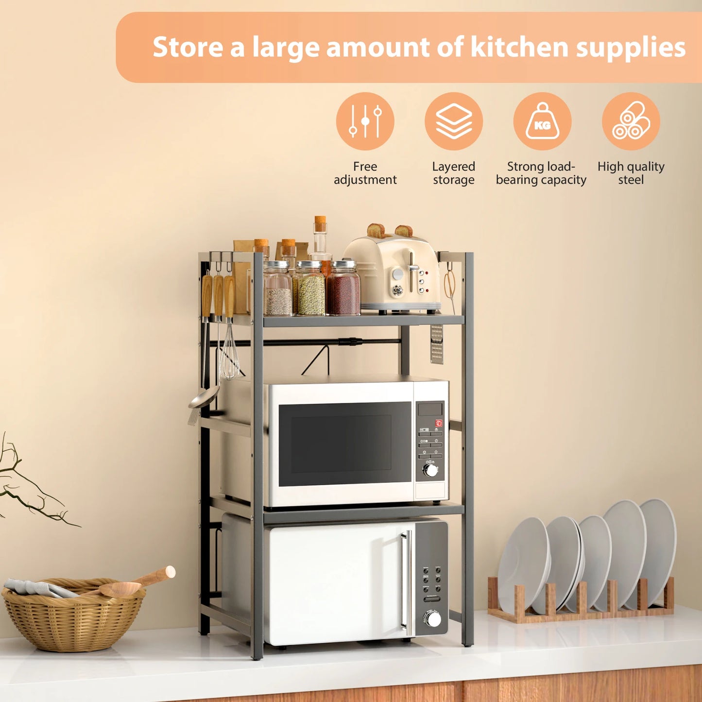 3 Tiers Expandable Microwave Oven Rack with 6 hooks, Microwave Shelf Stand, Carbon Steel for Pots Pans Rice Cooker