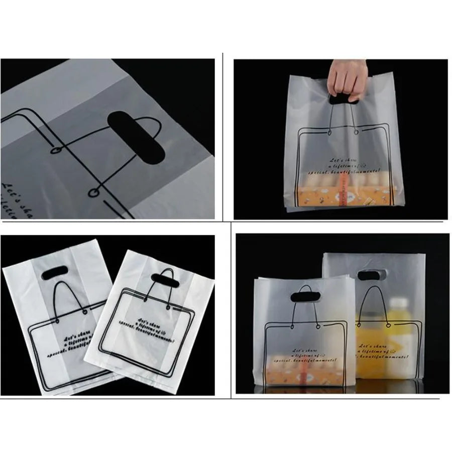 50 Pack Frosted Handle Plastic Bag Simple Lines Merchandise Bags for Baking Bento Fruits Packing
