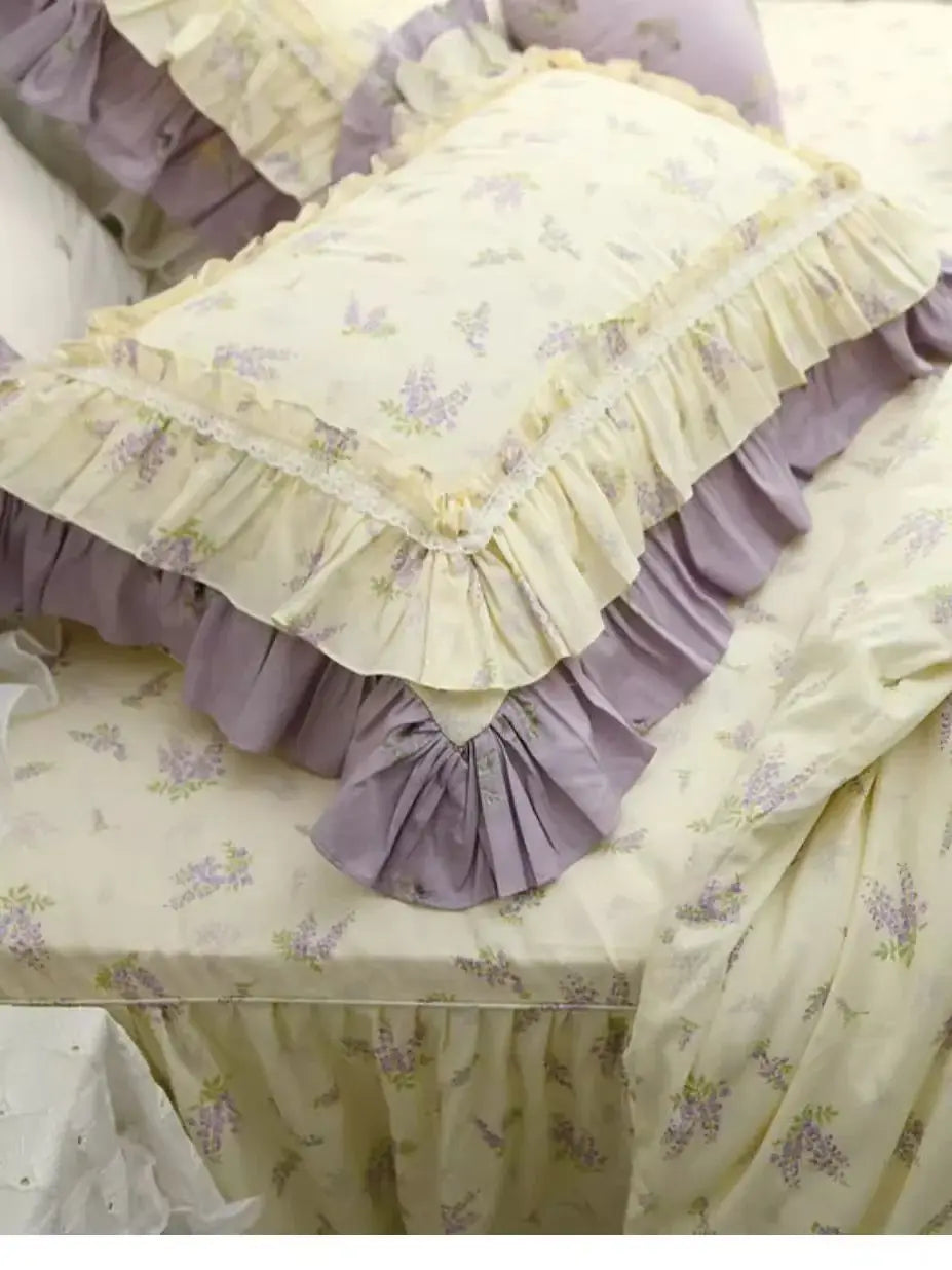 Floral Style 100% Cotton Pillowcase Bedding Set With Lace Design