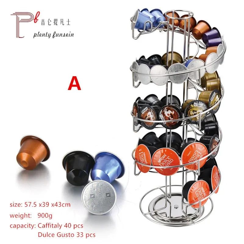 Coffee capsule holder, rotating universal, 50 in a small bag, 40 in a medium bag, and 30 in a large bag. Golden egg for orange