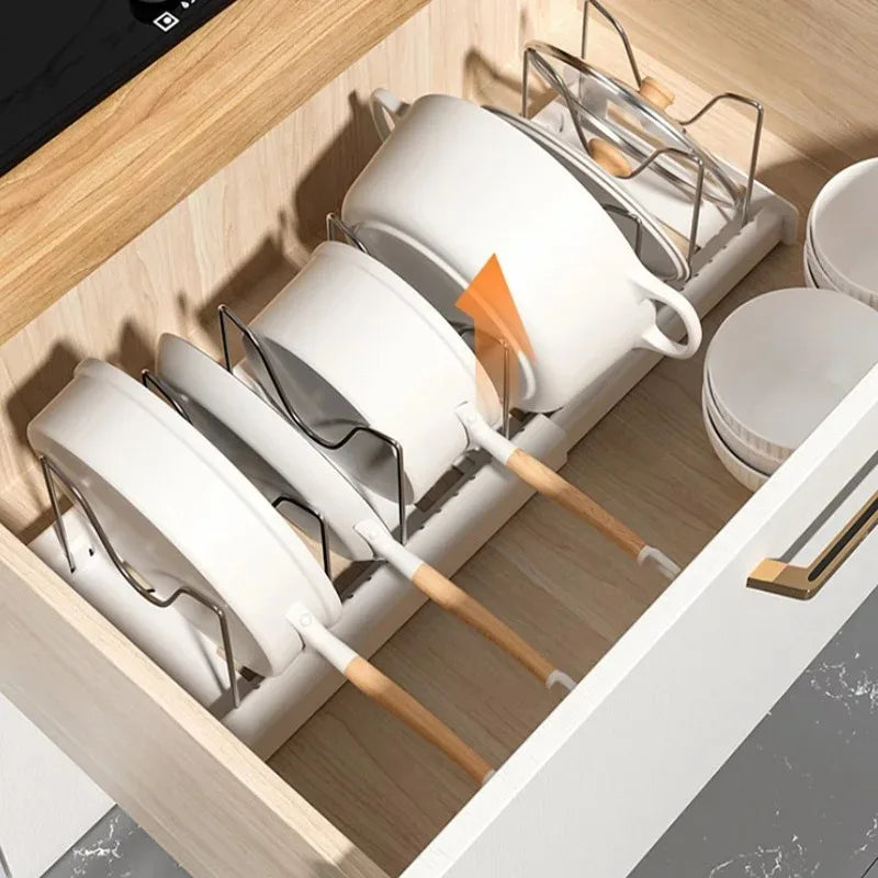 Expandable Kitchen Cabinet Pot Organiser - Adjustable Divider Rack, Multi-Use Storage Solution for Pots, Pans and Lids