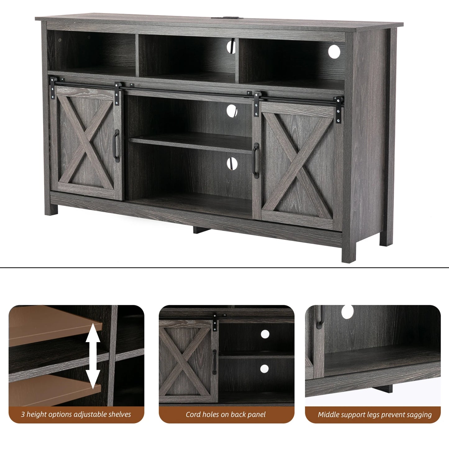 TV Stand Farmhouse Coffee Bar Cabinet Rustic Sliding Barn Door Storage Cabinet with Power Outlet & LED Light, 57" Wooden TV Cabi