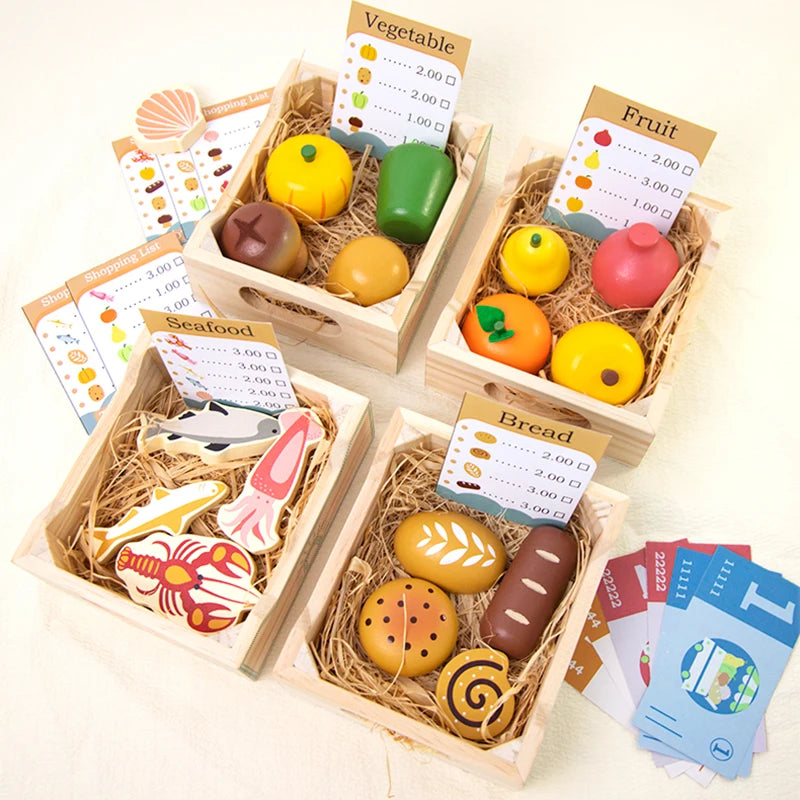 Wooden Pretend Play Kitchen Toys Cutting Food Accessories Set Fruit Vegetable Bakery Meat fish Early Educational Cognition Toys