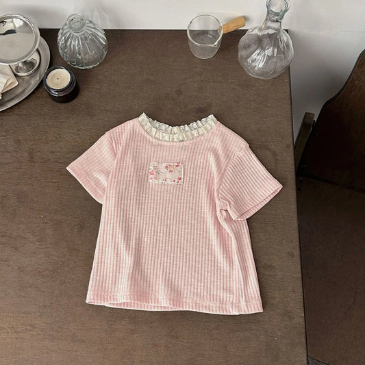 2026 Summer Baby Girls Clothes Lace Collar Toddler Base Tee Korean Style Short Sleeve Infant Shirt