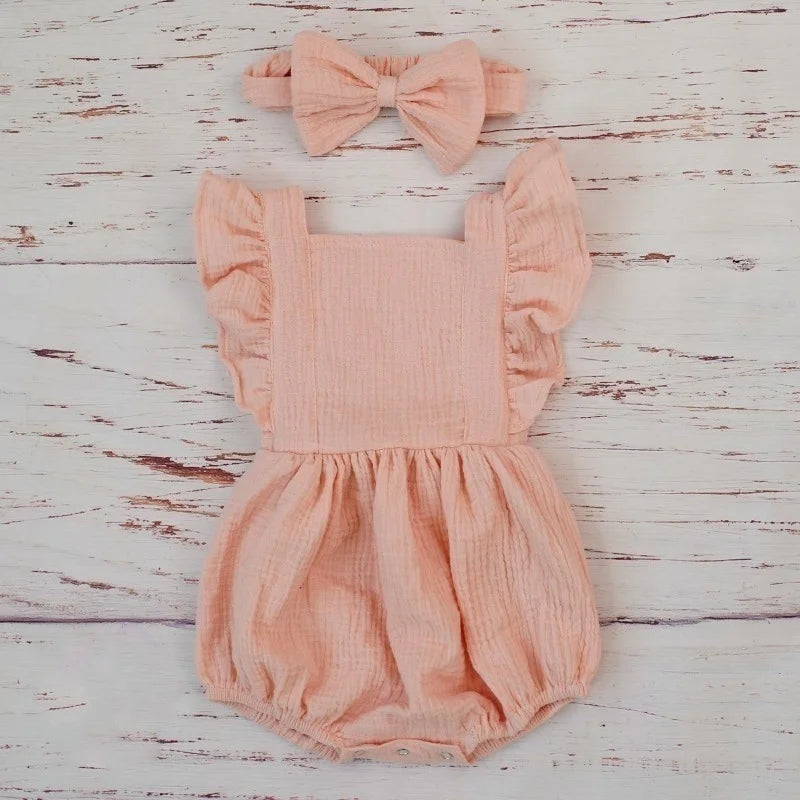 Organic Cotton Baby Girl Clothes Summer New Double Gauze Kids Ruffle Romper Jumpsuit Headband Dusty Pink Playsuit For Newborn 3M