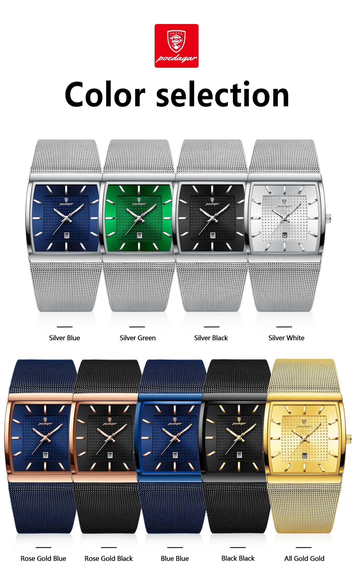 POEDAGAR Top Original Men Watch Waterproof Luminous Date Rectangle Man Wristwatch Mesh Stainless Steel Men's Quartz Watches Male