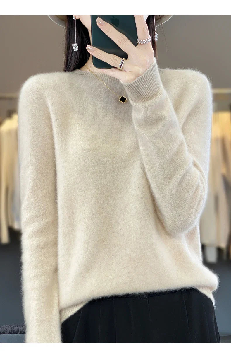 100% Merino Wool Women’s Sweater – Soft Cashmere-Feel O-Neck Pullover, Autumn/Winter Warm Knit Top (14 Colours)