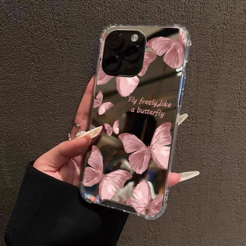 Pink Butterfly Mirror Phone Case For iPhone 16 15 14 13 12 11 Pro Max XS X XR 7 8 Plus SE Make Up Mirror Shockproof Soft Cover