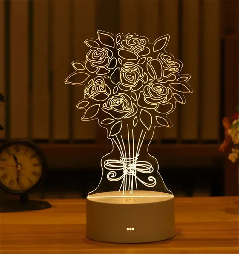 1pc USB Operated Night Light Creative 3D Acrylic Bedroom Bedside LED Table Lamp Ornaments Christmas Holiday Birthday Event Gift
