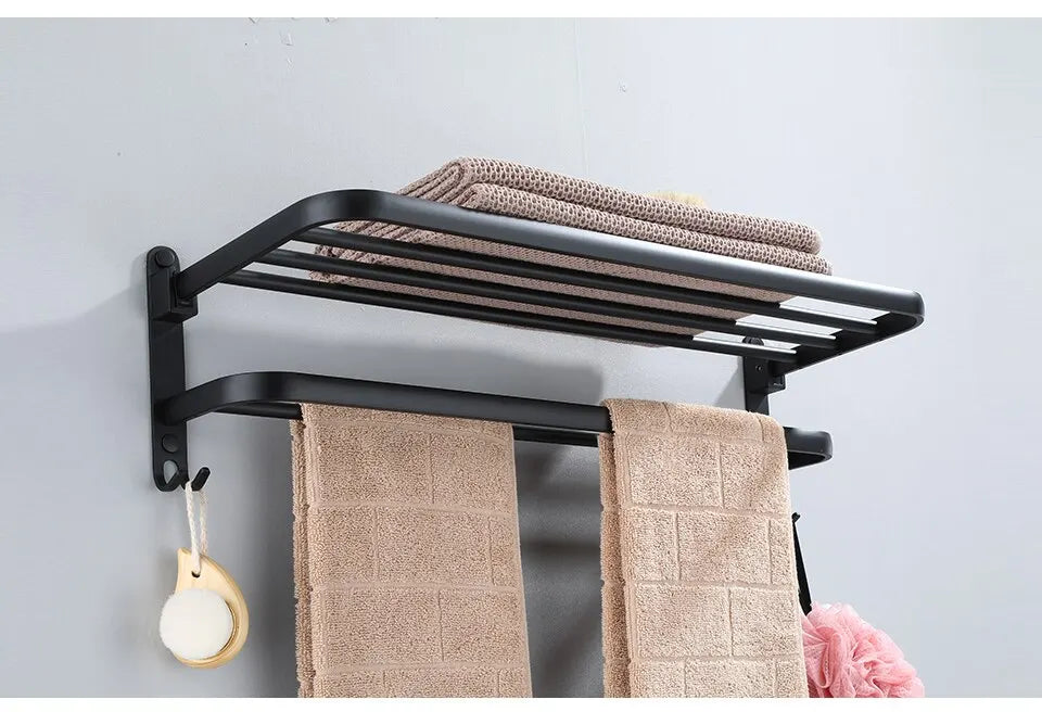Matte Black 50CM Folding Holder With Hook Towel Holder Wall Mount Aluminum Towel Rack