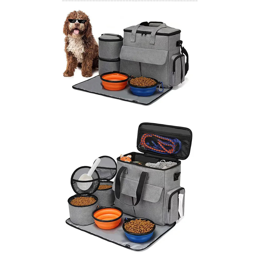 Dog Travel Bag Backpack Pet Accessories Organizer for Week Away/Overnight, w/ 2 Food Bags 1 Waterproof Placemat 2 Foldable Bowls