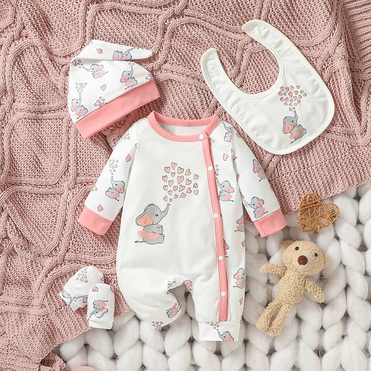 4PCS Baby unisex Long Sleeve Round Neck Animal Print With Button Casual  Jumpsuit +Bib+Hat+Gloves