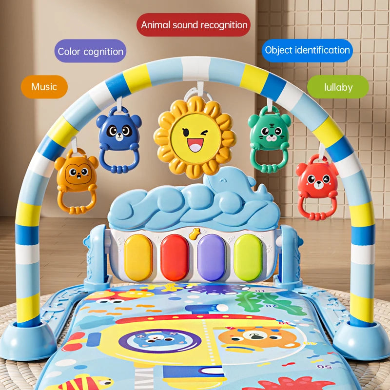 Baby Activity Play Mat with Music & Lights, 5 Detachable Sensory Toys Kick Piano Mat, Tummy Time Game Playmat Easy Assembly Moto