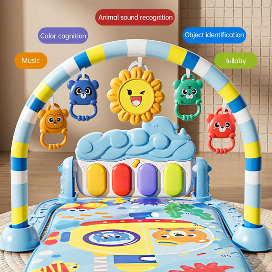 Baby Activity Play Mat with Music & Lights, 5 Detachable Sensory Toys Kick Piano Mat, Tummy Time Game Playmat Easy Assembly Moto