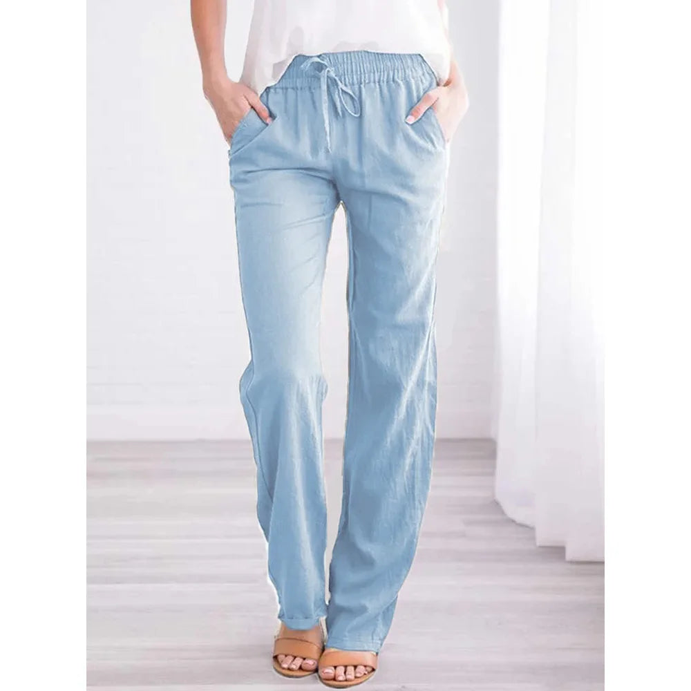Women Cotton Linen Pants Summer and Autumn Solid High Waist Wide-Leg Trousers Female Loose Hemp Casual Breathable Sports Pants