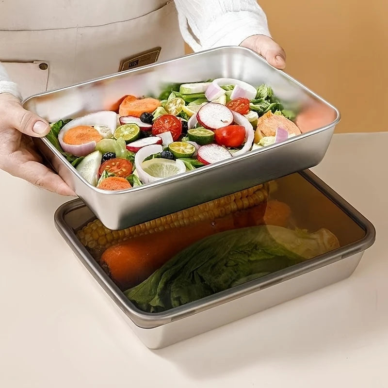 2pcs Stainless Steel Food Storage Container Rectangle Dish with Cover Noodles Fruit Tray Lunch Box Thick Refrigerator Plate