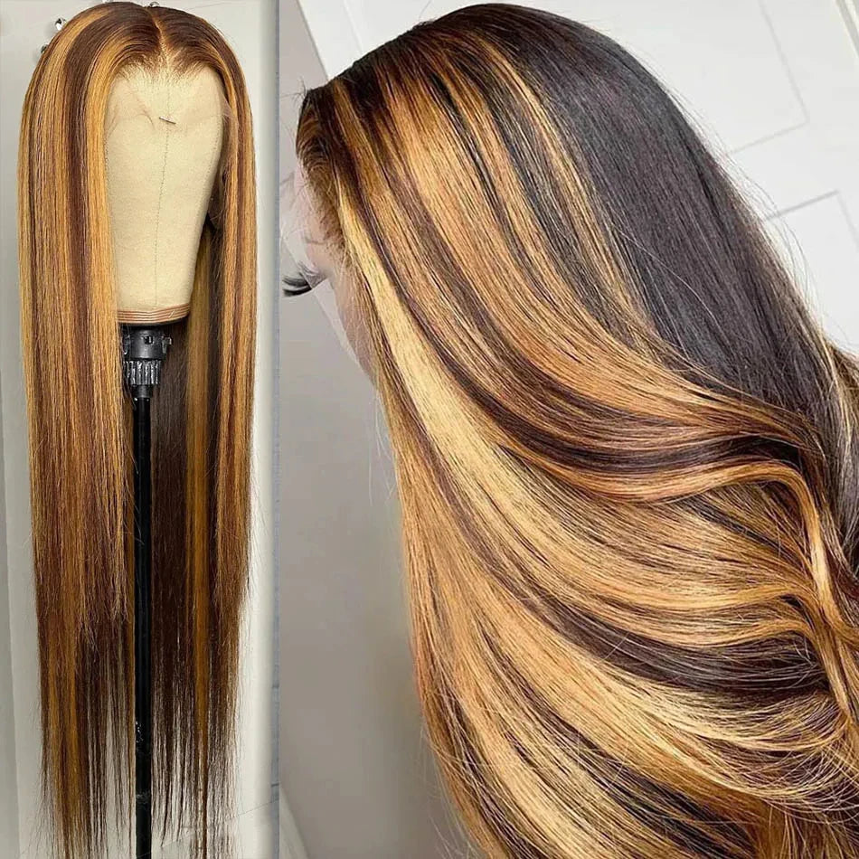 13x6 HD Highlight Lace Frontal Wig P4/27 200 Density Human Hair Honey Blonde Piano Bone Straight 13x4 Lace Front Wigs for Women