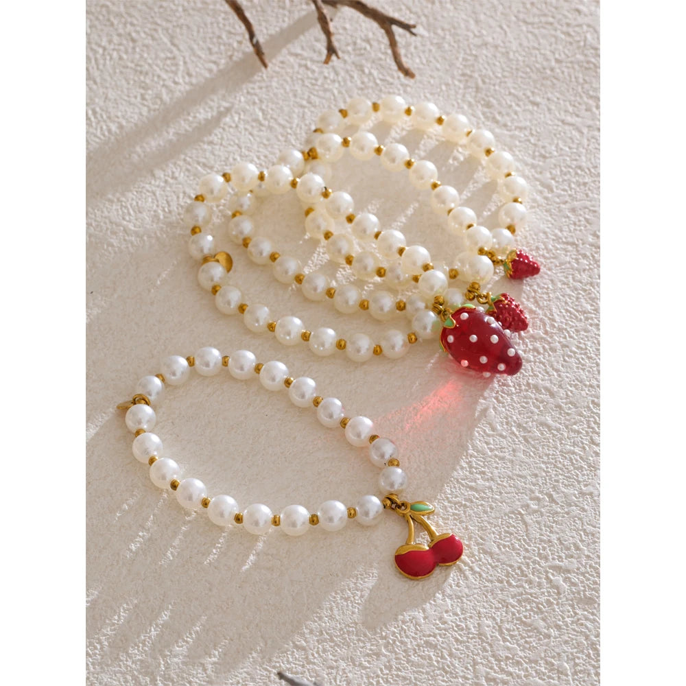 Yhpup 5 Style Trendy Handmade Beads Jewelry Simulated Pearls Chain Fruit Drop Bracelet Bangles Stainless Steel Wrist Accessories