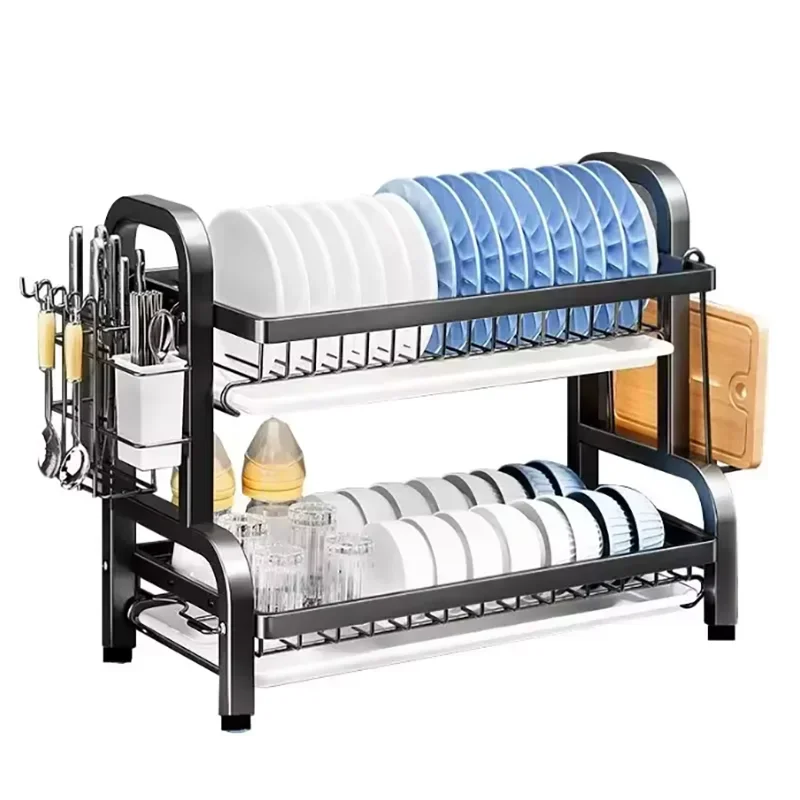 Compact 2-Tier Stainless Steel Dish Drainer, New Rustproof Kitchen Organiser with Utensil Holder