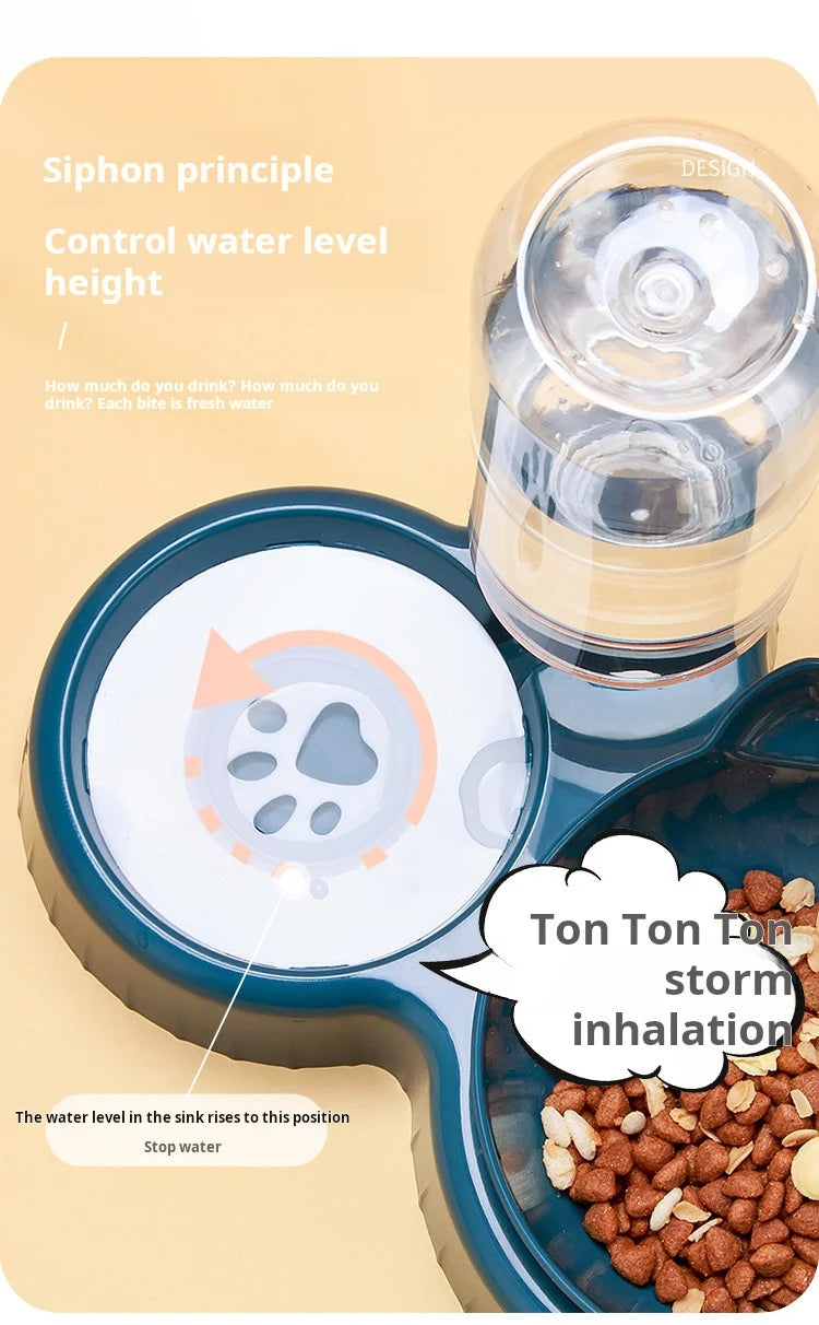 3 In 1 Ear Design Tilted Cat Water And Food Bowl Set With Gravity Water Bottle