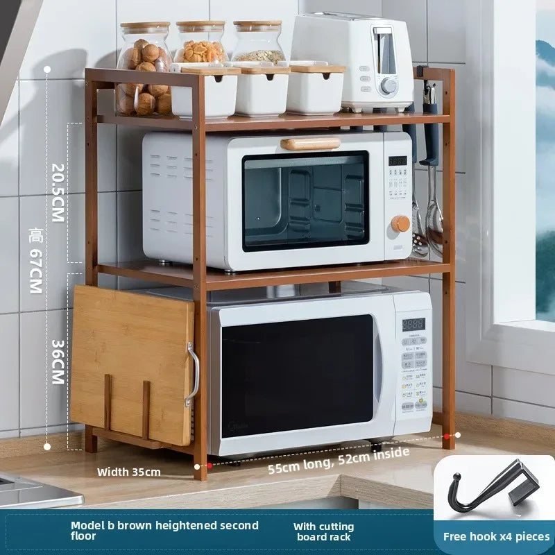 Kitchen Shelf Countertop Double Microwave Oven Shelf Desktop Seasoning Oven Storage Rack Bamboo Solid Wood