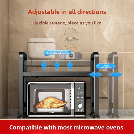 Kitchen Microwave Oven Rack Double Layer Expandable Multi Functional Home Appliance Storage Shelf Carbon Steel No Installatio...