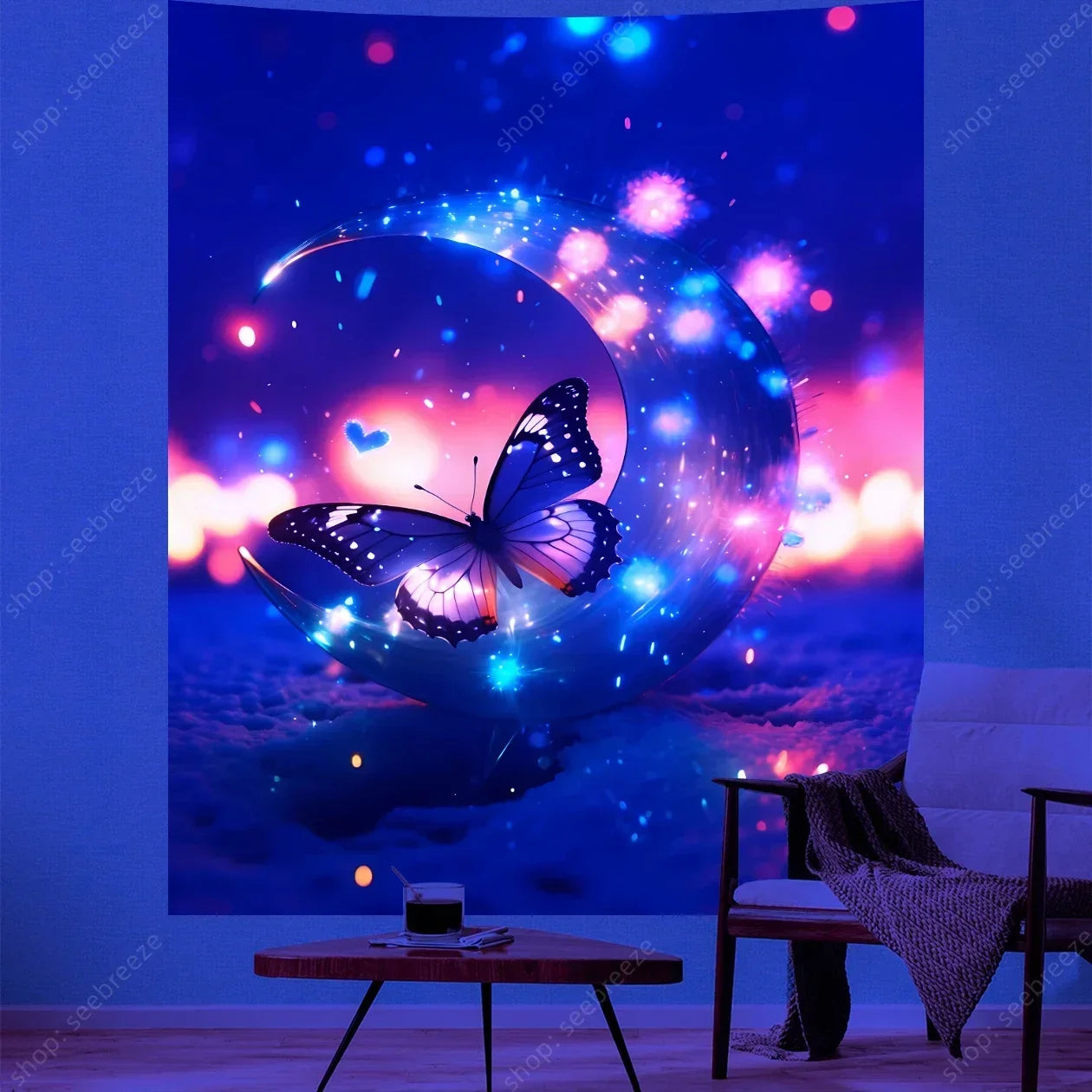 Butterfly Flower UV Reactive Tapestry Wall Hanging Hippie Boho Room Decor