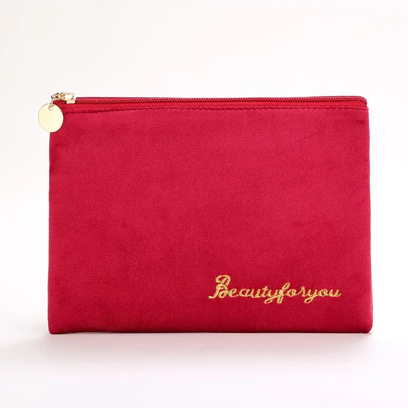 Plush Cosmetic Bag for Women – Large Zipper Makeup & Toiletry Travel Pouch, Solid Color Beauty Bag