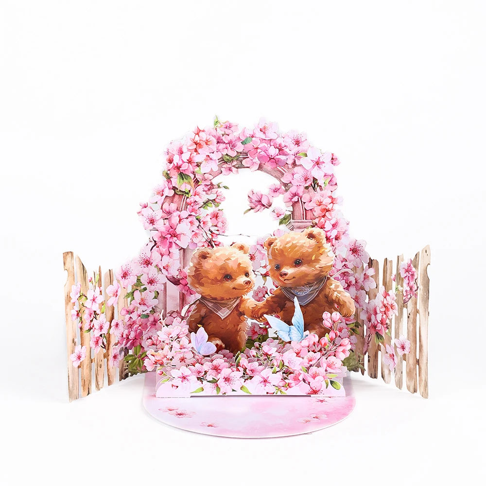 Pink Rose Garden pop-up greeting card, birthday anniversary gift for your lover mother teacher, Spring comfortable cozy kitten