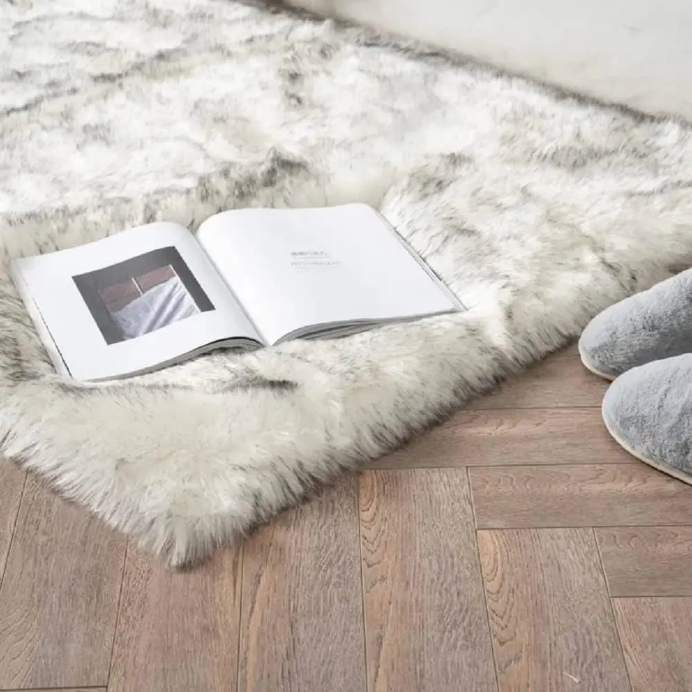 White And Grey Area Rugs 9X12 Living Room Large Washable Faux Fur Rugs For Bedroom Nursery Shaggy Sheepskin Fur Rectangle Rug
