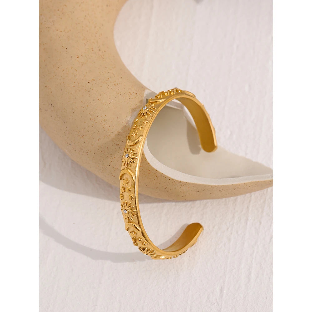 Yhpup Golden Stainless Steel Moon Star Sun Bangle Bracelet  Stylish Metal Open Wrist браслеты на руку женкие Party Gift