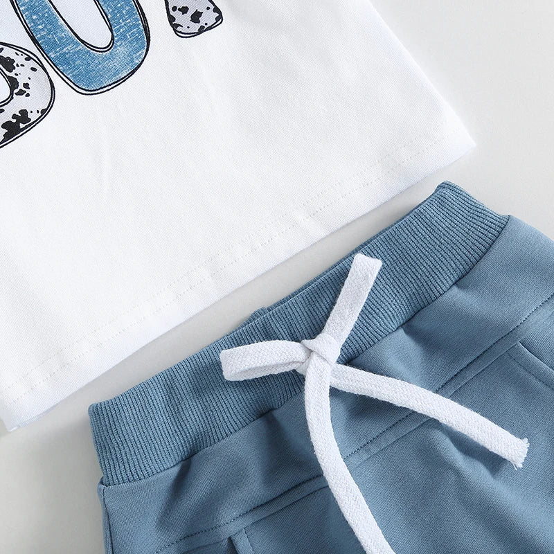 VISgogo Toddler Baby Boys Clothes Set Short Sleeve Letter Print T-shirt Elastic Waist Drawstring Shorts Summer Casual Outfit