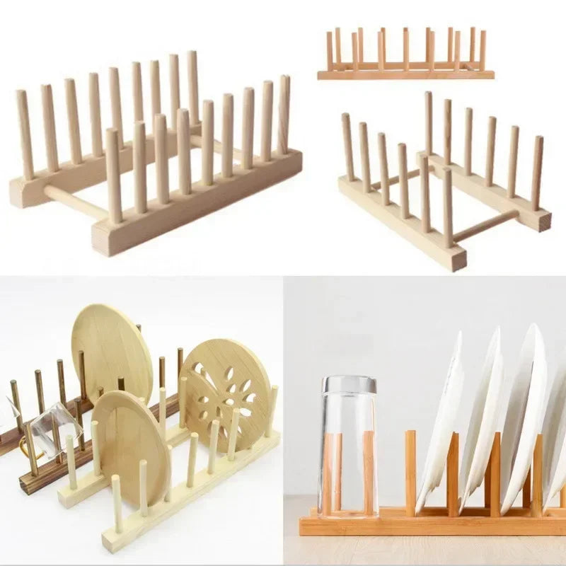 Wooden Dish Drainer Rack Kitchen Dishes Stand Plate Dish Drying Rack Pot Lid Racks Kitchen Organiser Drying Cups Display Shelf