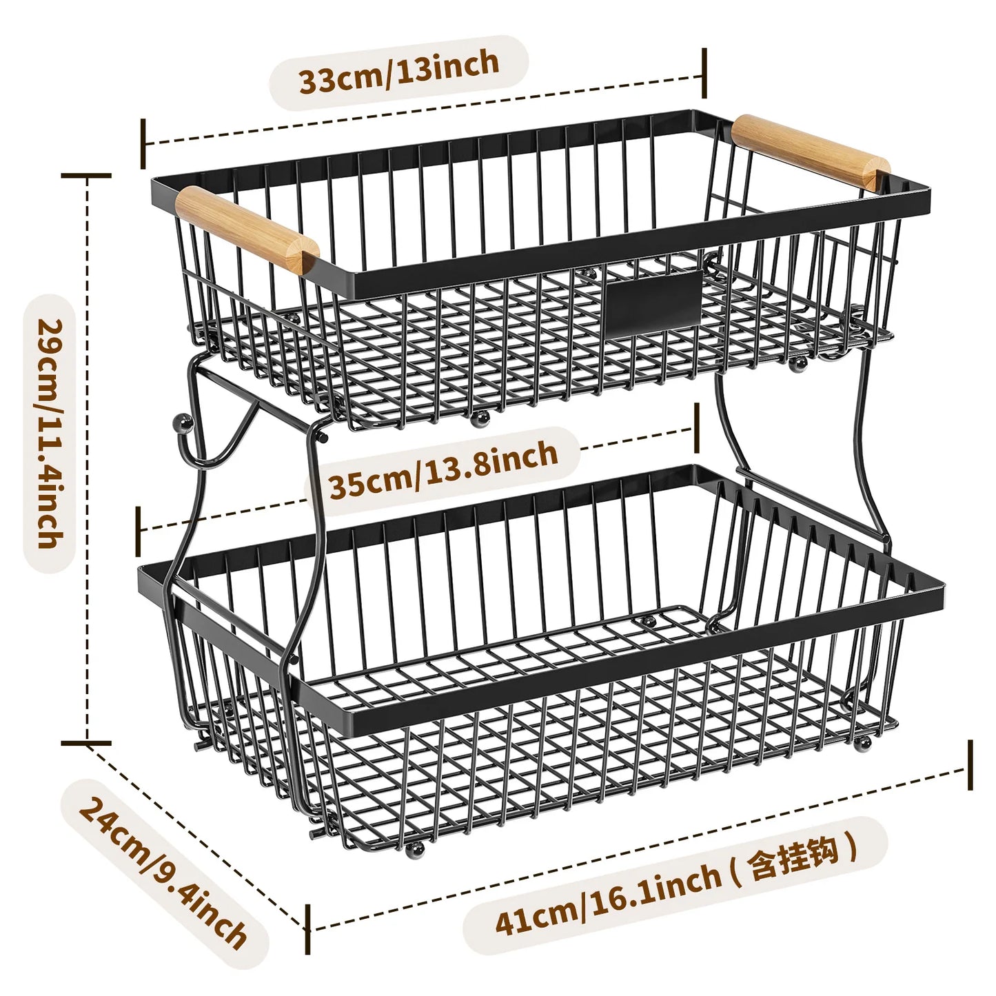 33*29cm deteachable fruit vegetable kitchen storage organisation racks holders double-layer trays wood hand SS home display