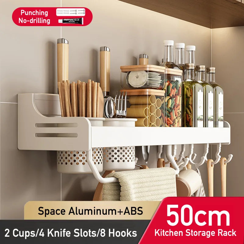 No Drill Kitchen Storage Rack Aluminum Wall Mount Spice Seasoning Spoon Knife Stand Holder Rag Dishcloth Rack Organizer Shelf