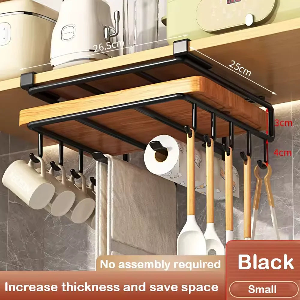Kitchen Hanging Organiser Rack with Hooks Under Cupboard Paper Towel Rags Hanger Cutting Board Pot Cover Holder Storage Shelf