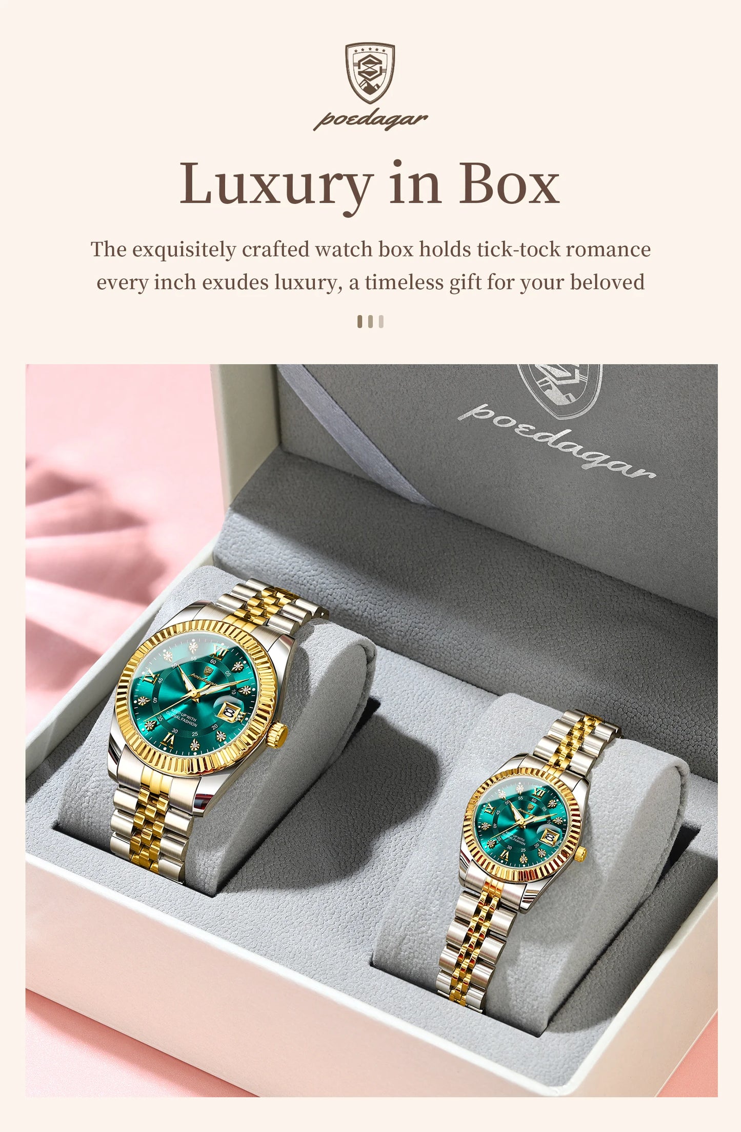 POEDAGAR Top Luxury Couple's Watches Luminous Date Classic Watches For Couple Quartz Stainless Steel Couple Watch Lovers Set+Box