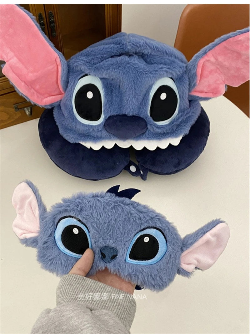 Comfortable Stitch Hooded U-shaped Pillow Cartoon Anime Travel Blackout Nap Neck Pillow With Hat Portable Eye Mask Sleeping